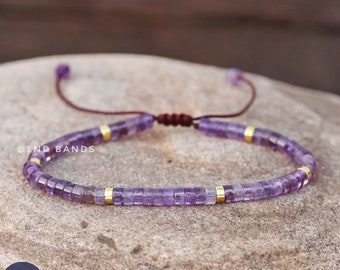 Dark Amethyst 2x4mm Dainty adjustable Beaded Bracelet, Minimalist Bohemian Tibetan Ethnic Bracelet, February Birthstone, Pisces gemstone