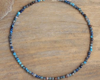 Blue Galaxy Sea Sediment Jasper Bead Necklace: Adjustable Bohemian Gemstone (4x4mm)