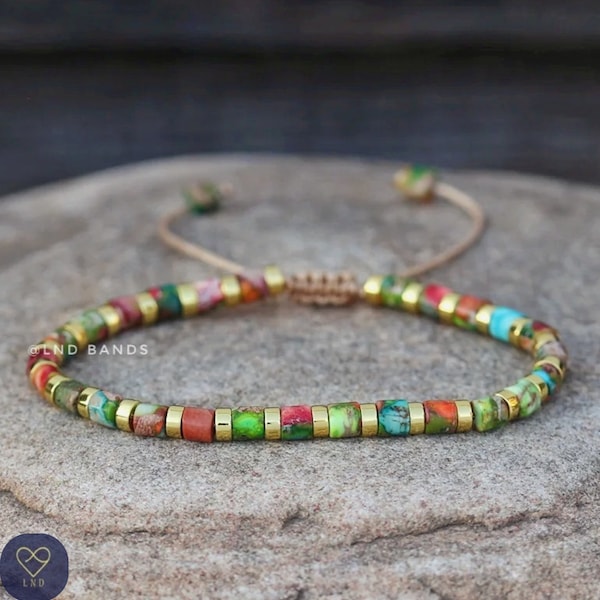 Colourful tube dainty 4mm Imperial Jasper bracelet, Adjustable Ethnic Yoga Bracelet, natural stone bracelet, birthday gift, summer boho gift