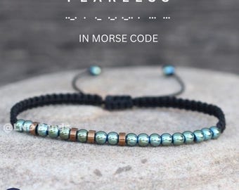 Morse code FEARLESS Hidden message, Motivational Inspirational Beaded bracelet, Encouragement, Adjustable Affirmation Meaningful Bracelet