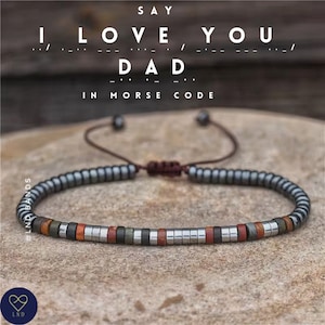 Morsecode I LOVE You Dad Grey Hematiet Picasso Jaspis Verstelbare Boho Etnische Armband, cadeau voor vader, Vaderdag, liefdescadeau op afstand