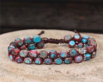Bourgondische/blauwe kleur Macrame Imperial Jasper armband, verstelbare etnische yoga sierlijke armband, natuurstenen armband, zomerse vibes, boho
