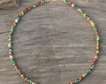 Colourful Jasper Bead Necklace, Minimalist Adjustable, 2x4mm Natural Stone Beads, Dainty Necklace, Tibetan Necklace, Yoga