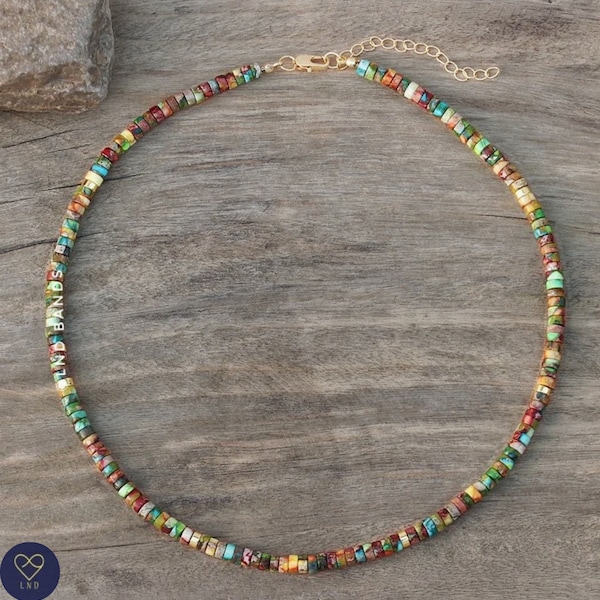 Bunte Jaspis Perlenkette, Minimalist verstellbar, 2x4mm Naturstein Perlen, Zierliche Halskette, tibetische Halskette, Yoga