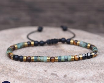 Onyx, African Turquoise & Tiger Eye  Bead Bracelet: Yoga, Adjustable