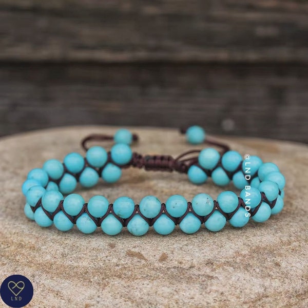 Turquoise 6mm Macrame Bead Bracelet, Natural Stone Beads, Yoga Boho Ethnic Style Bracelet, Tibetan Style, summer gift, unisex , protection