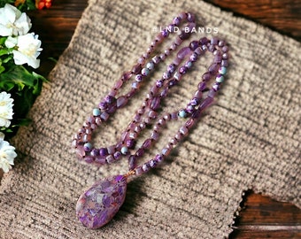 Zeesediment Jasper stenen ketting, gefacetteerde kralen, kristalglas, paarse hanger, boho, yoga, etnisch, verjaardagscadeau