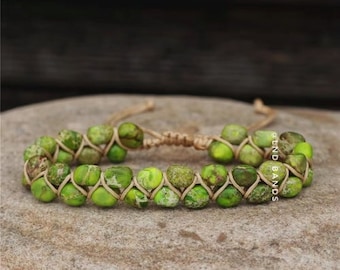 Grasgroene keizerlijke Jasper Macrame armband, verstelbare armband, natuursteen, Tibetaanse armband, yoga, Boho, etnisch
