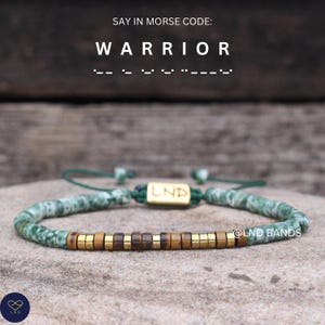 Pulsera de código Morse GUERRERO: Ajustable, con significado, mensaje secreto, mantra personal, afirmación, motivación, aliento e inspiración.