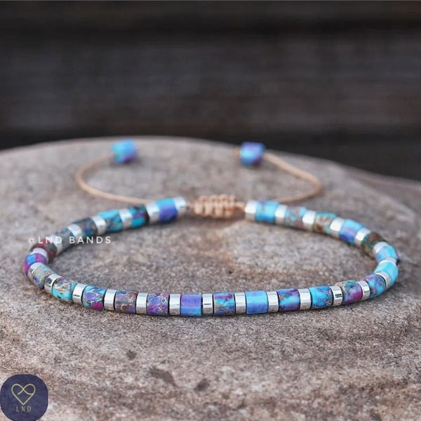Blauw/paarse meerkleurige buis 4 mm keizerlijke Jasper armband, verstelbare etnische yoga armband, natuursteen, verjaardagscadeau, positieve sfeer