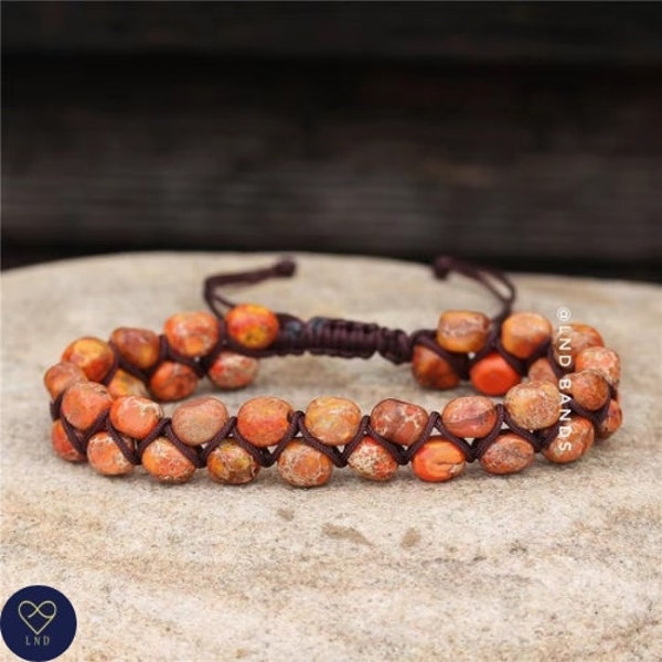 New Orange Jasper Macrame Bracelet, Yoga Adjustable bracelet, Natural Stone Beads, Tibetan bracelet, Ethnic bracelet, birthday gift