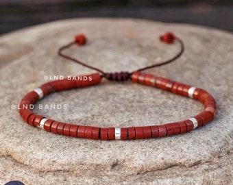 Red Jasper Beaded Bracelet - 2x4mm Dainty Meditation Jewellery, Spiritual Meditation Adjustable Boho Tibetan Ethnic