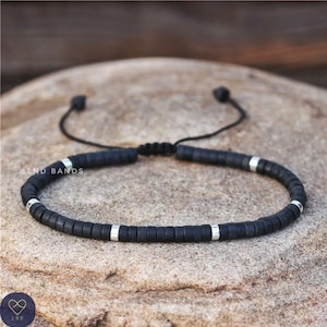 Black Stone Elegant Dainty Beaded Bracelet, Adjustable Minimalist 2x4mm unisex bracelet, Yoga Ethnic Style, Bohemian Bracelet, power elegant