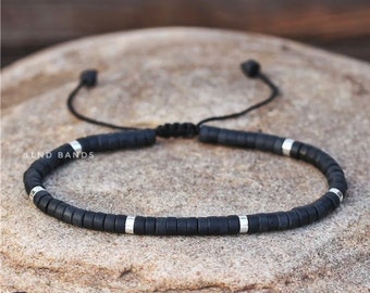 Black Stone 2x4mm Beaded Bracelet - Adjustable Yoga Ethnic, Minimalist Bohemian Bracelet, gift for him