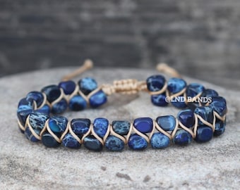 Dunkelblaues Makramee Imperial Jaspis Armband: Verstellbarer ethnischer Yoga Schmuck