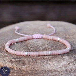 Pink Opal Adjustable Minimalist 2x4mm Beaded Bracelet, Natural gemstone, Libra Birthstone, Summer gift, Boho Ethnic Style, Birthday gift