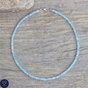 Aquamarine  Beaded Necklace, Adjustable 2x4mm, Minimalist Bohemian Necklace, Natural Stone Necklace, Dainty Necklace, Tibetan gemstone