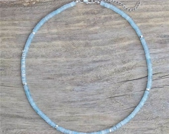 Aquamarine  Beaded Necklace, Adjustable 2x4mm, Minimalist Bohemian Necklace, Natural Stone Necklace, Dainty Necklace, Tibetan gemstone