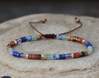 New 7 Chakra Gemstone 2x4mm Bead Bracelet - Bohemian Meditation Yoga Balance grounding