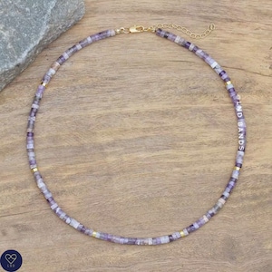 Dainty Amethyst Gemstone Bead Necklace - Adjustable Bohemian, February Birthstone 2x4mm