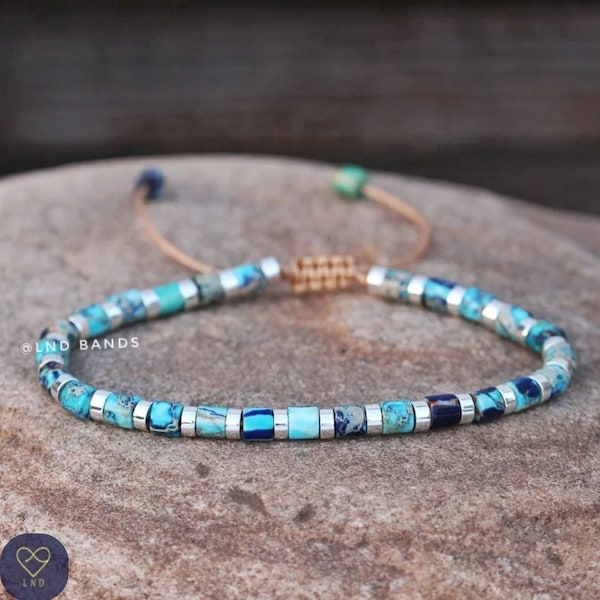 Light Blue colour tube 4mm Imperial Jasper bracelet, Adjustable Ethnic Yoga Dainty Bracelet, natural stone bracelet, summer vibes, boho