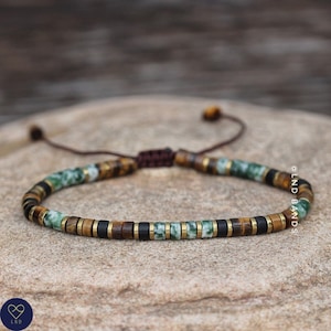 Tijgeroog groene vlek jaspis minimalistische armband 2 x 4 mm, verstelbare kralenarmband, Tibetaanse armband, natuursteen armband, yoga, boho