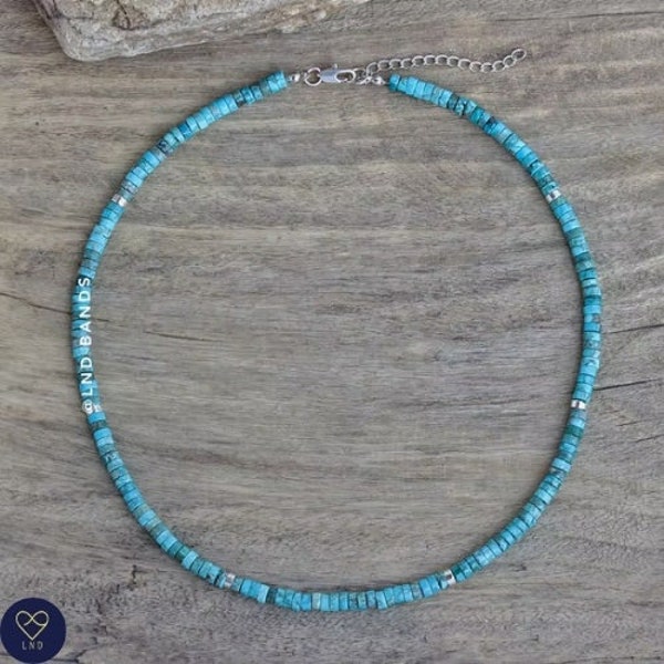 Collier de perles turquoises, perles de pierre naturelle de 2 x 4 mm, collier délicat, style bohème, cadeau unisexe, cadeau d'été, collier minimaliste, ethnique