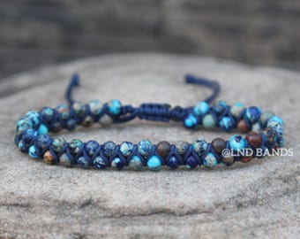 Blue Galaxy Sea Sediment Jasper Macrame Bracelet: Adjustable Bohemian Jewellery (4x4mm)