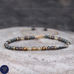 Citrien Rookkwarts Tijgeroog pyriet 4 mm ronde kralen Minimalistische verstelbare armband, Tibetaanse edelsteen, yoga, boho, etnisch, succes, geluk