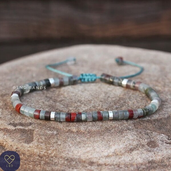 African Blood Stone 2x4mm Bead Bracelet, Adjustable Minimalist Bohemian Bracelet, Dainty Bracelet, Tibetan gemstone, Unisex, yoga, ethnic