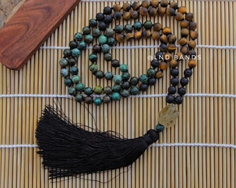 Mala Prayer Tassel Necklace, Tiger Eye Necklace, African Turquoise , Lava Stone, Yoga Necklace, Meditation, Energy Protection Healing