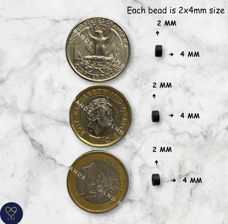 May include: Image showing black beads next to a US quarter, a British pound coin, and a Euro coin. The text indicates each bead is 2x4mm in size. The beads are small, cylindrical, and black, with arrows pointing to their dimensions.