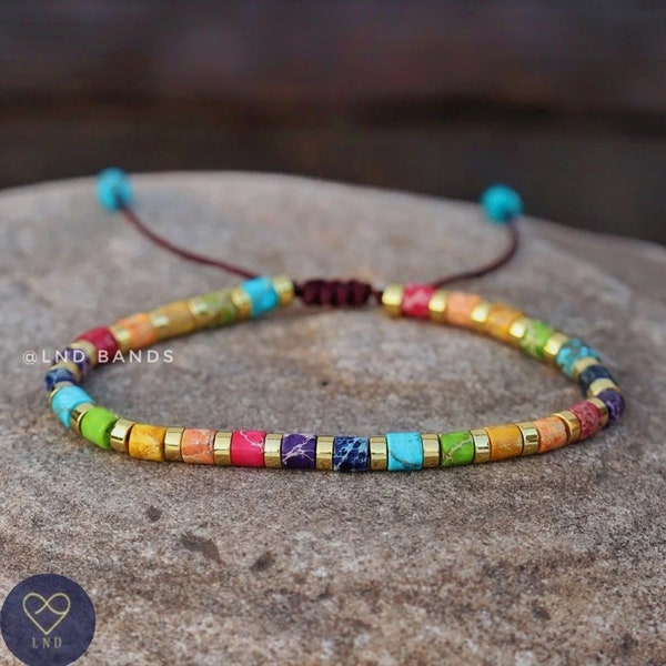 Bracelet minimaliste en jaspe impérial de 4 mm à tube de 7 chakras, bracelet ethnique réglable Boho yoga, bracelet en pierre naturelle, cadeau