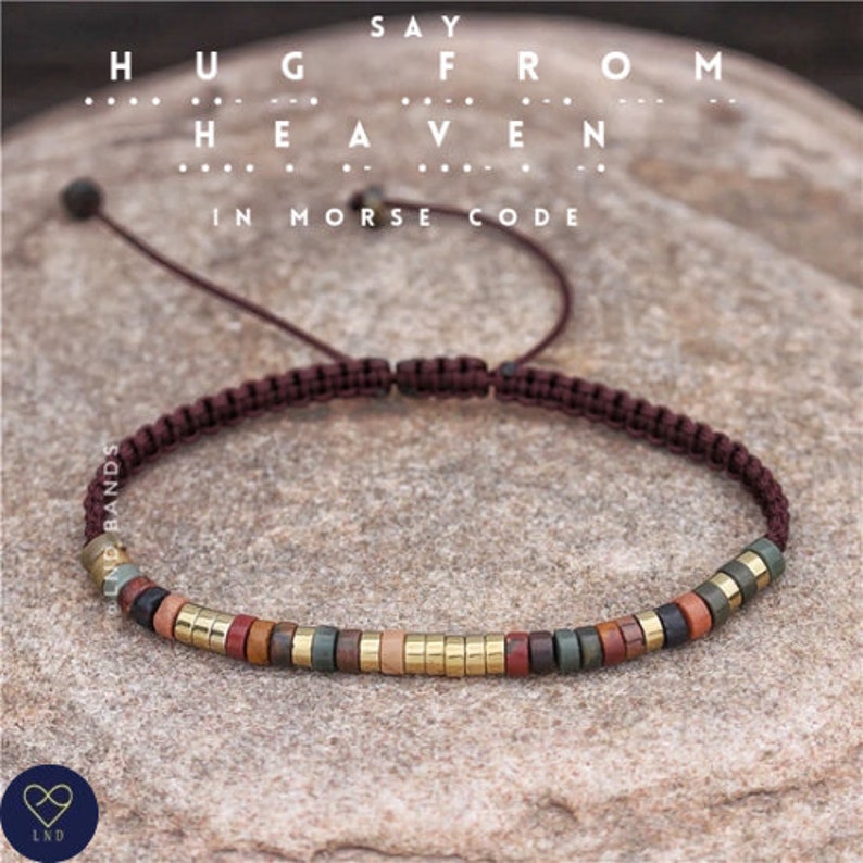 Morsecode KNUFFEL UIT DE HEMEL Picasso Jasper Verstelbare Memorial Armband, betekenisvol, verlies van geliefde, sympathie herinnering armband afbeelding 2