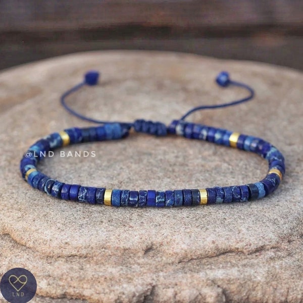 Navy Blue Jasper Bead Bracelet High Quality, Minimalist Adjustable, 2x4mm Natural Stone Beads, Dainty Bracelet, Tibetan bracelet, Yoga