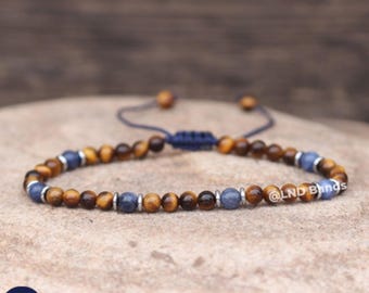 Lapis Lazuli and Tiger Eye Bead Bracelet: Minimalist Gemstone, Adjustable, gift for him
