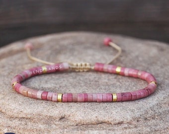 Pink Rhodonite Natural Bead Bracelet: 2x4mm Adjustable Gemstone Boho Style Dainty, Yoga Ethnic Minimalist