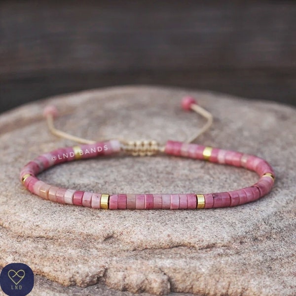 Roze Rhodoniet sierlijke delicate verstelbare 2x4mm armband, edelsteen boho stijl armband, yoga, etnisch, boho, cadeau voor haar, verjaardagscadeau