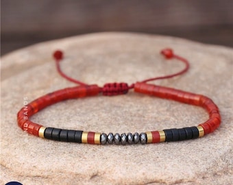 Hematite Black Stone Red Agate 2x4mm Adjustable Beaded Bracelet, Bohemian Dainty Bracelet, Tibetan gemstone, Yoga, Birthday Gift, stability