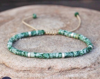 Green Spot Jasper 2x4mm Bead Bracelet, Adjustable Dainty Minimalist Ethnic Bohemian, Yoga Meditation