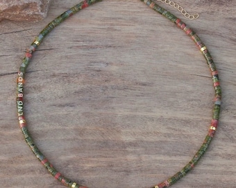 Collier de perles Unakite, collier bohème minimaliste, collier en pierre naturelle, collier délicat, collier tibétain, cadeau pour lui et elle