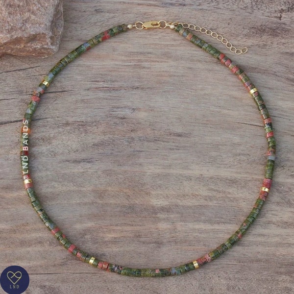 Collier de perles Unakite, collier bohème minimaliste, collier en pierre naturelle, collier délicat, collier tibétain, cadeau pour lui et elle