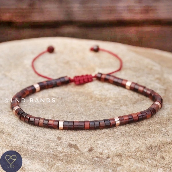 Bracelet de perles oeil de tigre rouge, bracelet bohème minimaliste réglable, bracelet en pierres naturelles, bracelet délicat, pierre précieuse tibétaine, 4 mm, unisexe