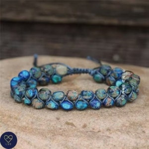 NEW Light Blue colour Macrame Imperial Jasper bracelet, Adjustable Ethnic Yoga, natural stone bracelet, blue friendship bracelet movement