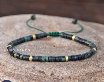 Kambaba Jasper Bead Bracelet - 2x4mm Adjustable Bohemian Dainty Meditation Yoga Ethnic