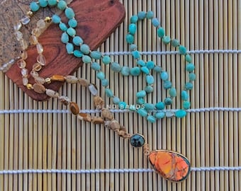 Amazonite Citrine And Picture Jasper Beads Necklace with Colourful Teardrop Pendant, Yoga, Meditation, Boho Chic Style, summer gift