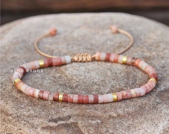 Plum Blossom Bead Gemstone Bracelet - 2x4mm Minimalist Boho Adjustable, Dainty Meditation Tibetan Yoga Ethnic