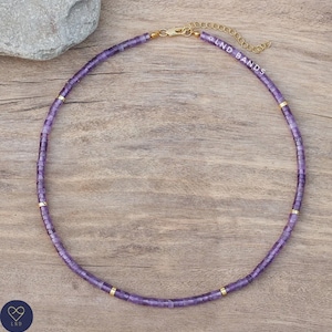 Dark Amethyst Bead 2x4mm Dainty Necklace , Minimalist Bohemian Necklace, Natural Stone Necklace, Tibetan gemstone, February Birthstone
