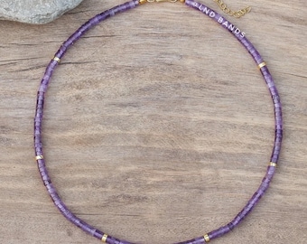 Dark Amethyst Bead Necklace - Minimalist Bohemian Boho Yoga February Birthstone, 2x4mm