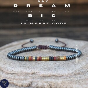 Morse code DREAM BIG Grey Hematite Picasso Jasper Bracelet, Affirmation motivational encouragement meaningful